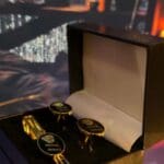 Gold cufflinks and tie clip set