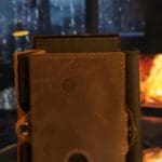 Leather case with cozy fireplace background