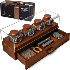 Wooden watch winder display holding four watches