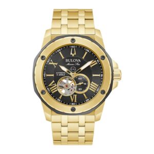 Gold Bulova automatic watch with black dial