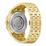 Gold bracelet watch with visible mechanical movement
