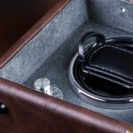 Brown leather storage box with coiled cable